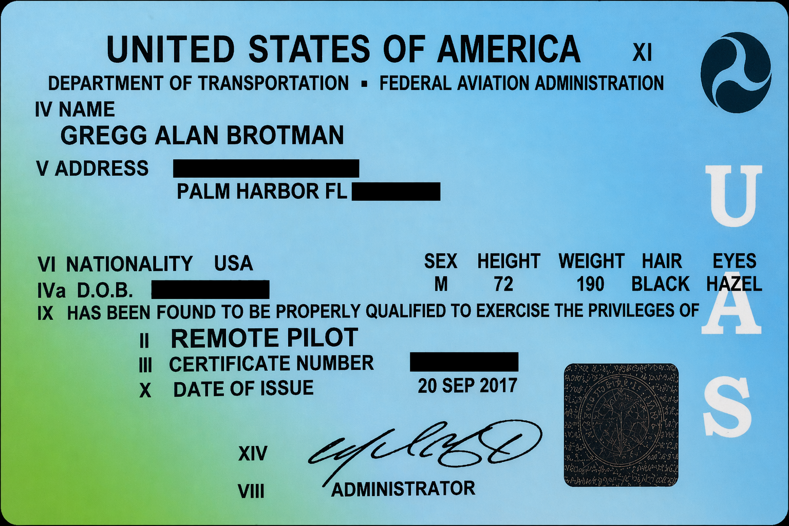 FAA Part 107 licensed remote pilot certificate for DroneEverything.net aerial drone services